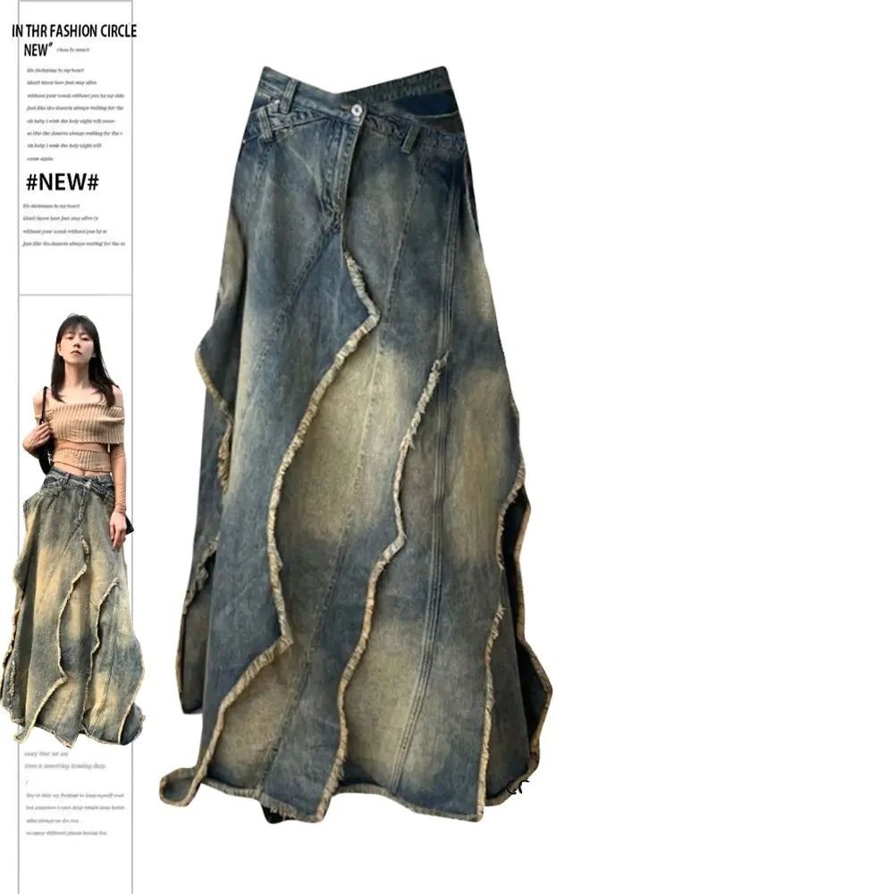 Plus Size Retro Y2G Irregular Cross Denim Long Skirt