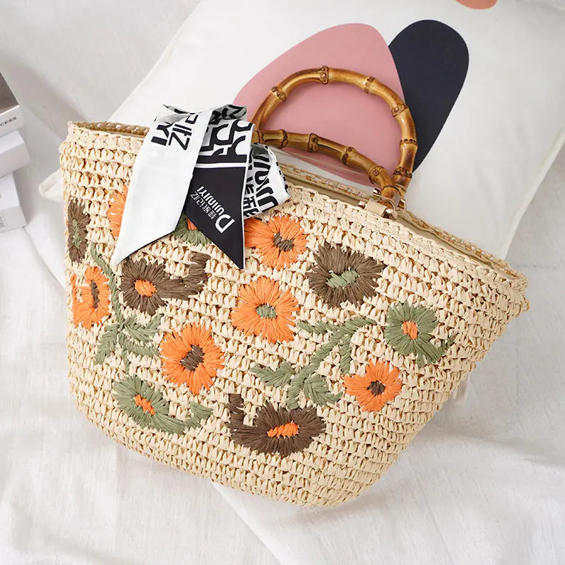 Colorful Small Flower Woven Rattan Bag