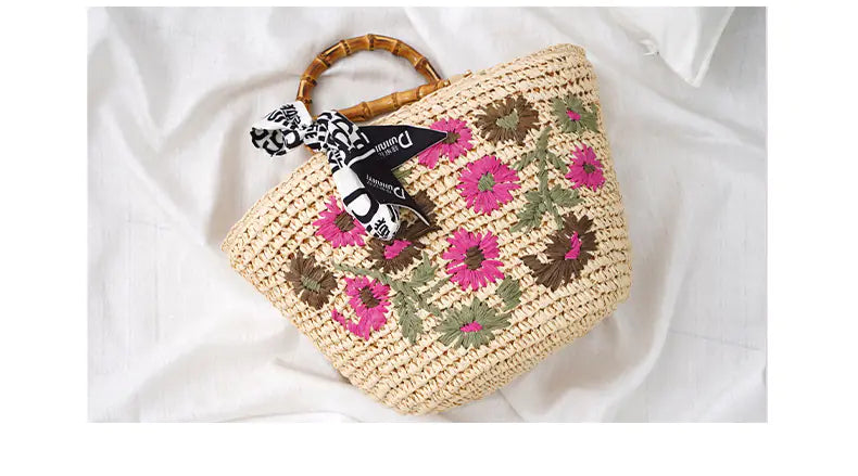 Colorful Small Flower Woven Rattan Bag