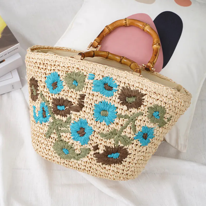Colorful Small Flower Woven Rattan Bag