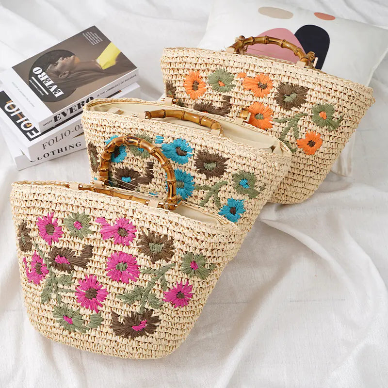 Colorful Small Flower Woven Rattan Bag