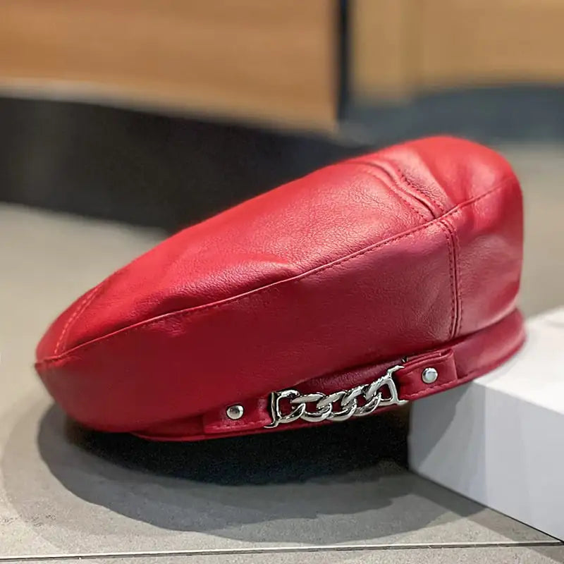 Women's Versatile Chain PU Leather Beret Hat